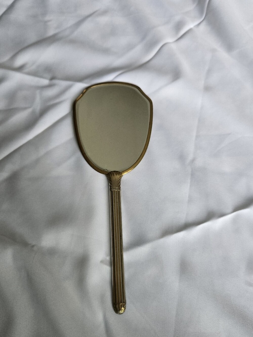 Vintage Gold Tone Handheld Vanity Mirror Pink Rose Floral Guilloché Style 13”
